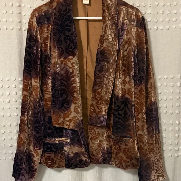SUNDANCE Velvet Burnout Open Front Jacket in Brown & Purple - Picture 1 of 7